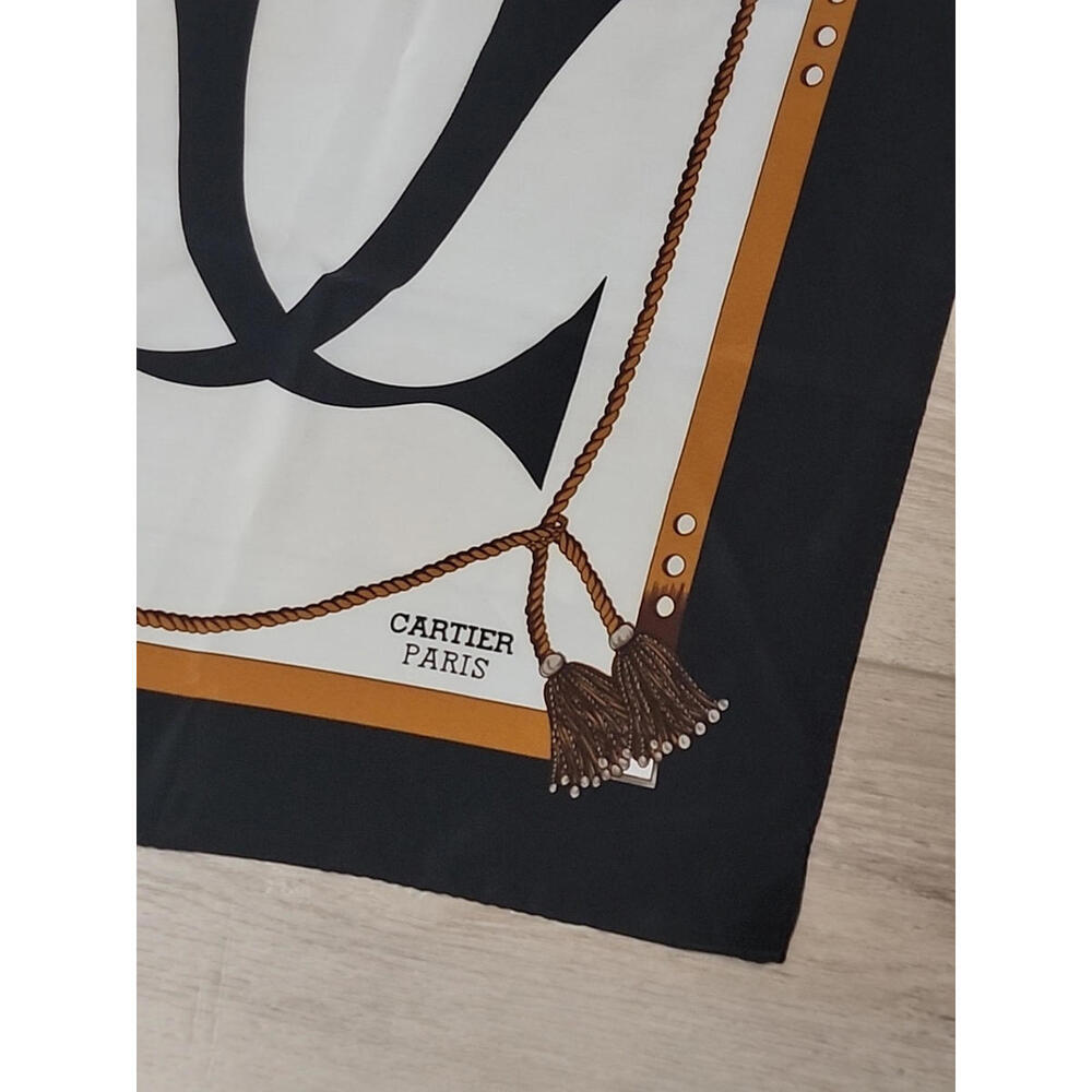 Vintage Cartier Scarf Women 100% Silk Logo Black Border 35" #C4